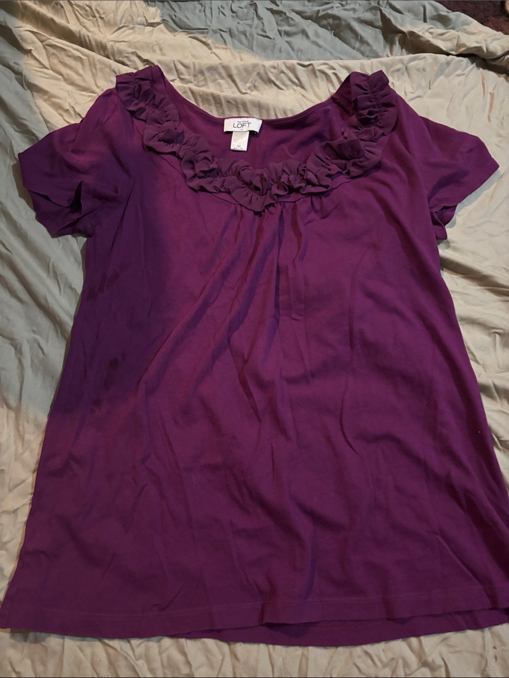 LOFT Deep Purple Short Sleeve Ruffle Scoop Neck Top